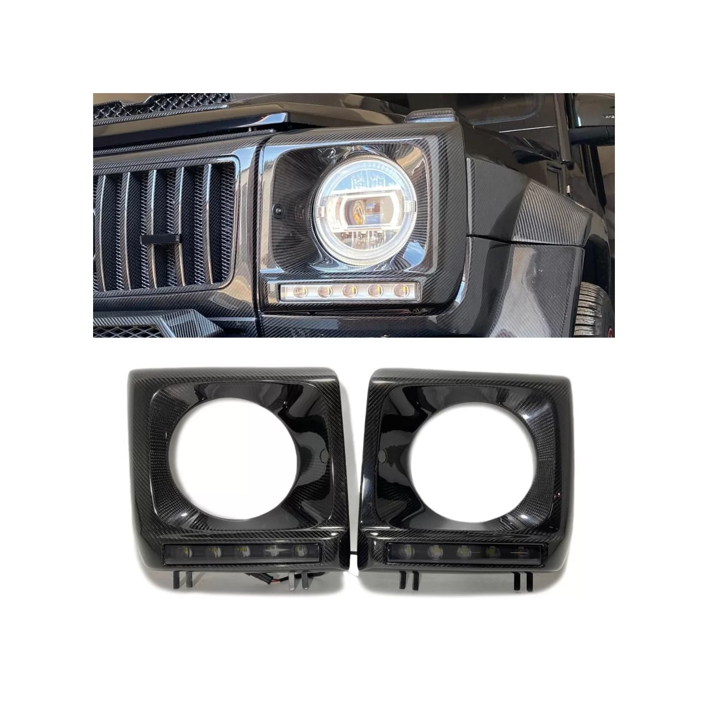 Carbon fiber front headlight covers with LEDs for Mercedes-Benz W463 G-Wagon