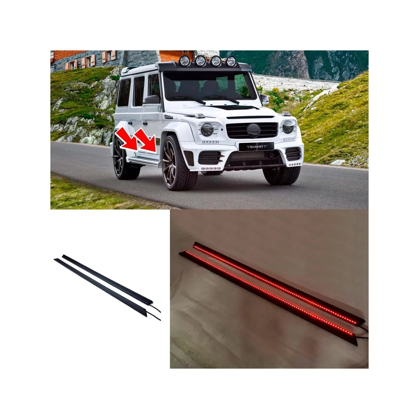 Fiberglass Mansory lower entrance mouldings trim with LED lights for Mercedes-Benz W463 G-Class