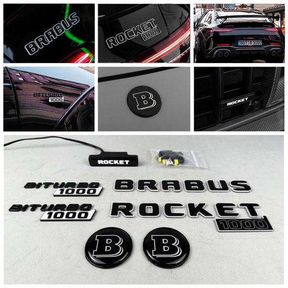 Full WHITE Brabus rocket 1000 badge emblem set for Mercedes-Benz cars GT 2024