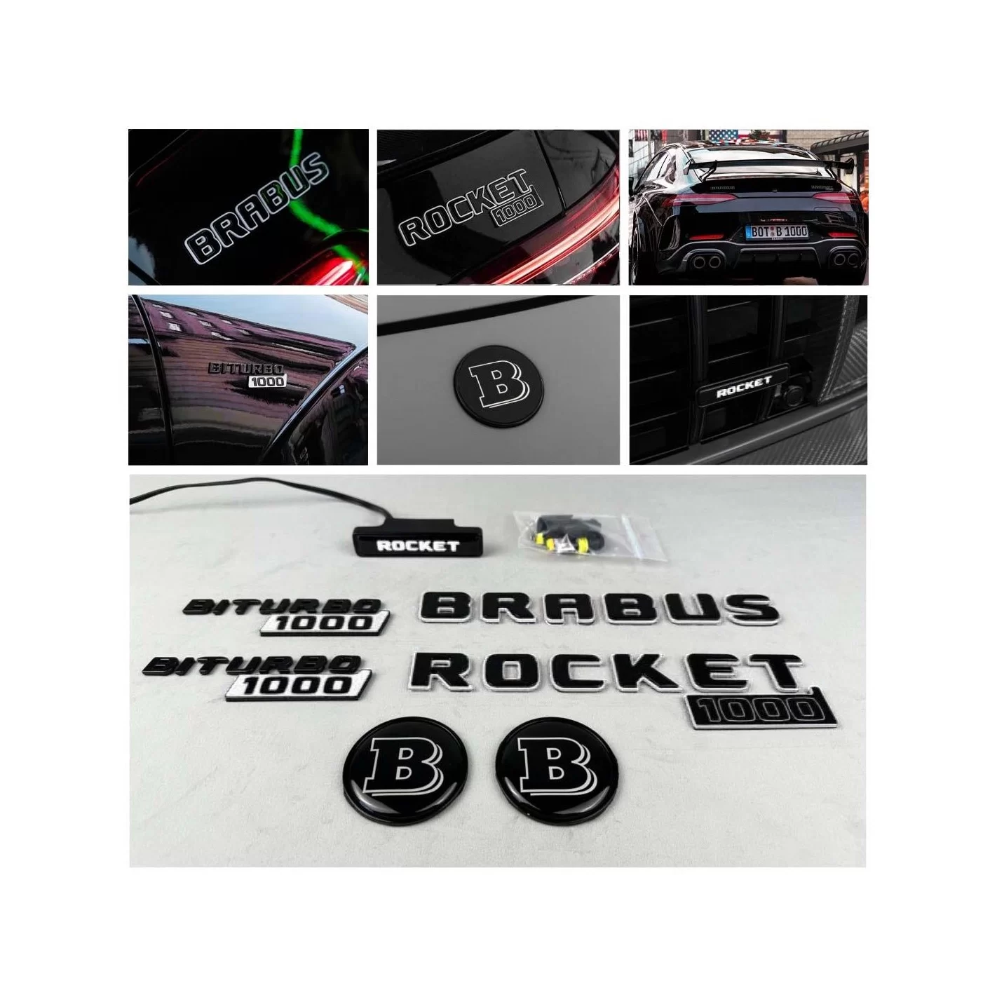 Full WHITE Brabus rocket 1000 badge emblem set for Mercedes-Benz cars GT 2024